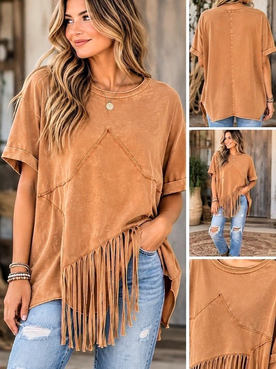 easel Tops - Easel Mineral Washed Star Patch Fringe Cotton Jersey Top in Brown Medium NWT